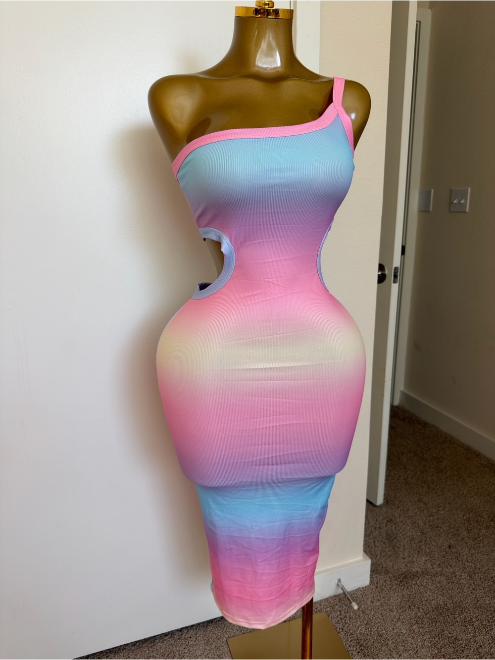 One-Shoulder Pastel Ombre Cutout Bodycon Dress - Pink/Blue/Cream